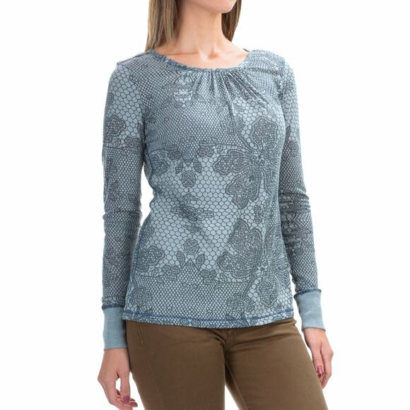 Aventura Aberdeen Long Sleeve Tee Shirt Large Blue Burnout Floral Scoop Neck Top - Picture 1 of 11